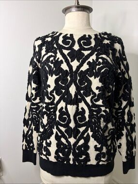 Black and White Textured Floral Sweater